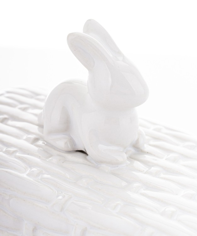 BIAŁA MASELNICZKA CERAMICZNA ZAJĄC KOSZYK