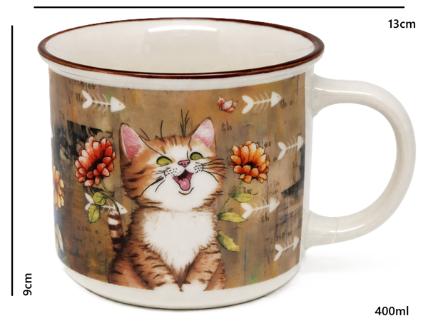 KUBEK CERAMICZNY KOT Z KWIATAMI PREZENT DLA KOCIARY 400ML 9x13CM