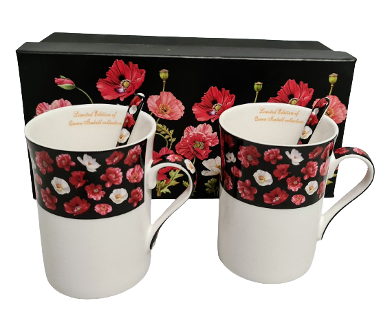 KOMPLET 2 KUBKÓW PORCELANOWYCH Z ŁYŻECZKAMI WZÓR MAKI 2X250 ML KOLOR BIAŁO-CZARNO-CZERWONY