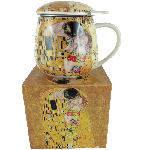 KUBEK CERAMICZNY Z METALOWYM ZAPARZACZEM G. KLIMT POCAŁUNEK 450 ML W ELEGANCKIM PUDEŁKU PREZENTOWYM