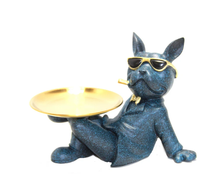 DESIGNERSKA FIGURKA SKARBONKA niebieski PIES ZE ZŁOTĄ TACĄ 19x17x25