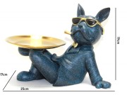 DESIGNERSKA FIGURKA SKARBONKA niebieski PIES ZE ZŁOTĄ TACĄ 19x17x25