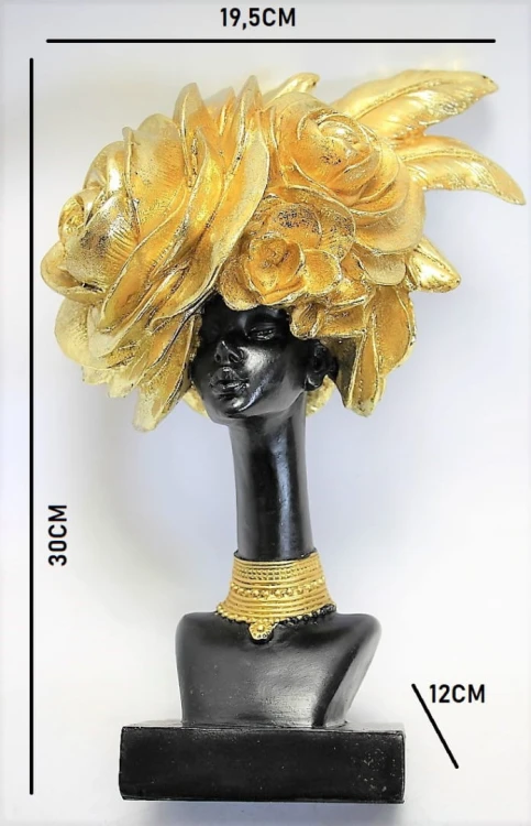 CZARNO-ZŁOTA FIGURKA AFROAMERYKANKA 19,5X30X12 CM POPIERSIE DUŻY ZŁOTY KALPELUSZ W KSZTAŁCIE KWIATÓW I PIÓR, ZŁOTY NASZYJNIK