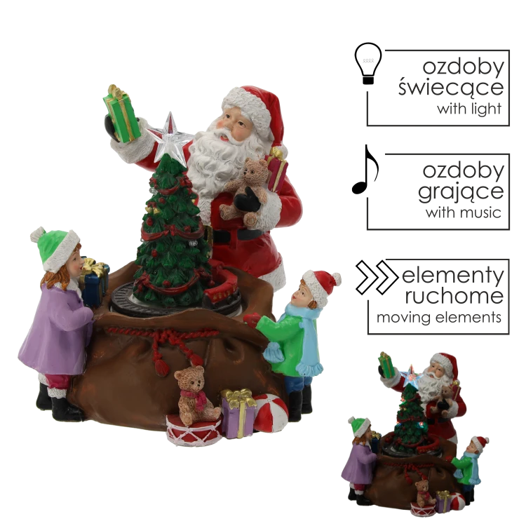 POZYTYWKA BOŻONARODZENIOWA LED MIKOŁAJ Z CHOINKĄ I WORKIEM Z PREZENTAMI W TOWARZYSTWIE DZIECI 20x19x19cm