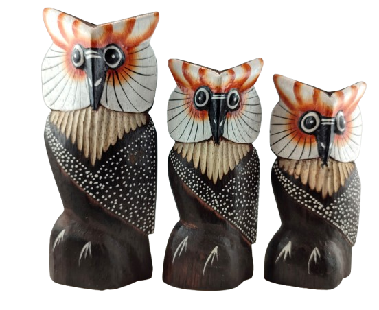 ZESTAW TRZY DREWNIANE SOWY 21/17/15 CM INDONEZJA
