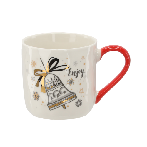 ŚWIĄTECZNY KUBEK PORCELANOWY 320 ML z czerwonym uchem i złotymi zdobieniami DZWONEK
