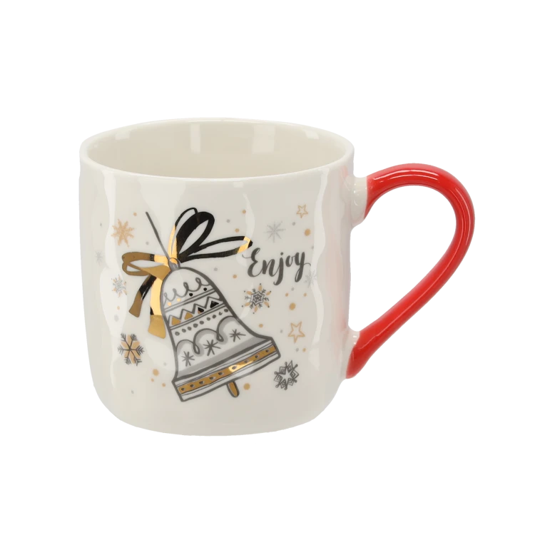 ŚWIĄTECZNY KUBEK PORCELANOWY 320 ML z czerwonym uchem i złotymi zdobieniami DZWONEK