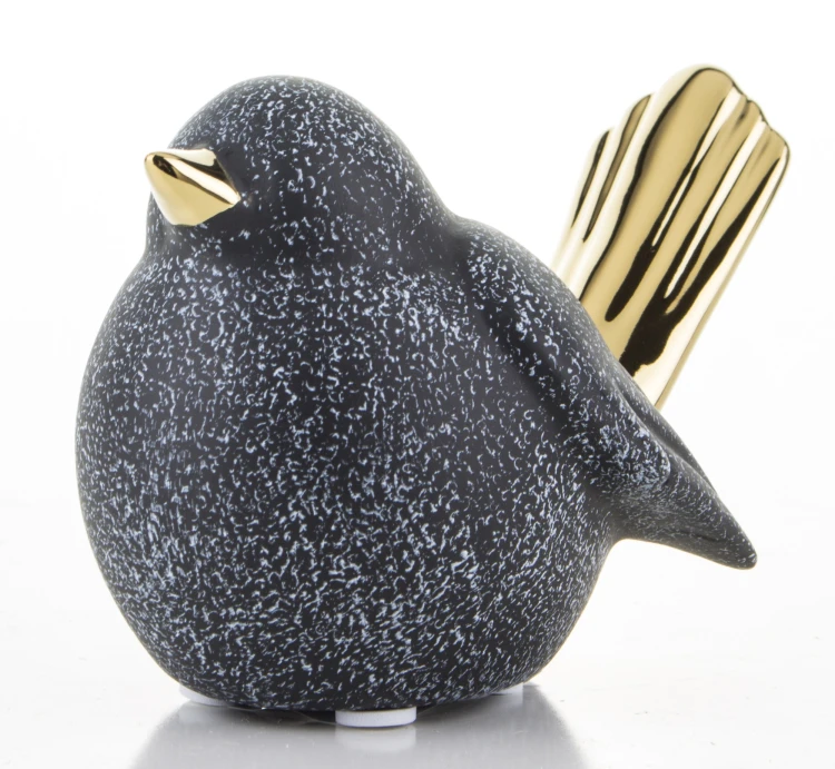 figurka ceramiczna ptaszek w kolorze szaro-zielonym ze złotym ogonem i dziobem