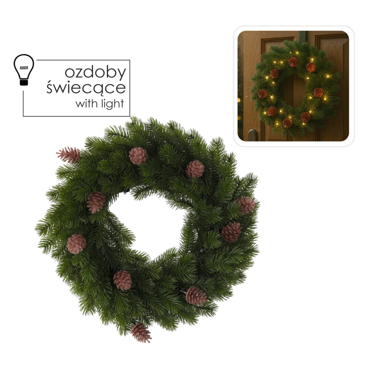 WIENIEC ŚWIĄTECZNY LED 40CM 40L ZIELONY Z SZYSZKAMI