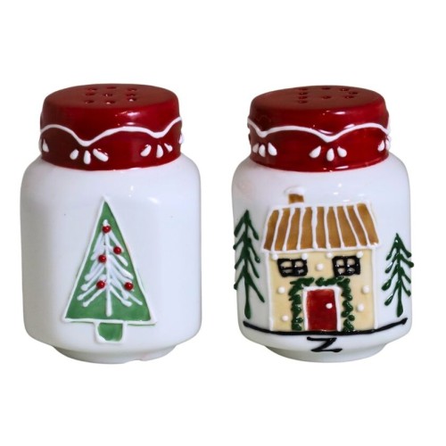 Świąteczny komplet przyprawników SOLNICZKA PIEPRZNICZKA ceramika Choinka Domek 6x6x8,1cm