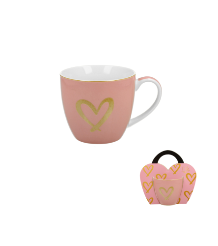 Kubek Porcelanowy 460 ml Różowy ZŁOTE SERDUSZKO WALENTYNKI