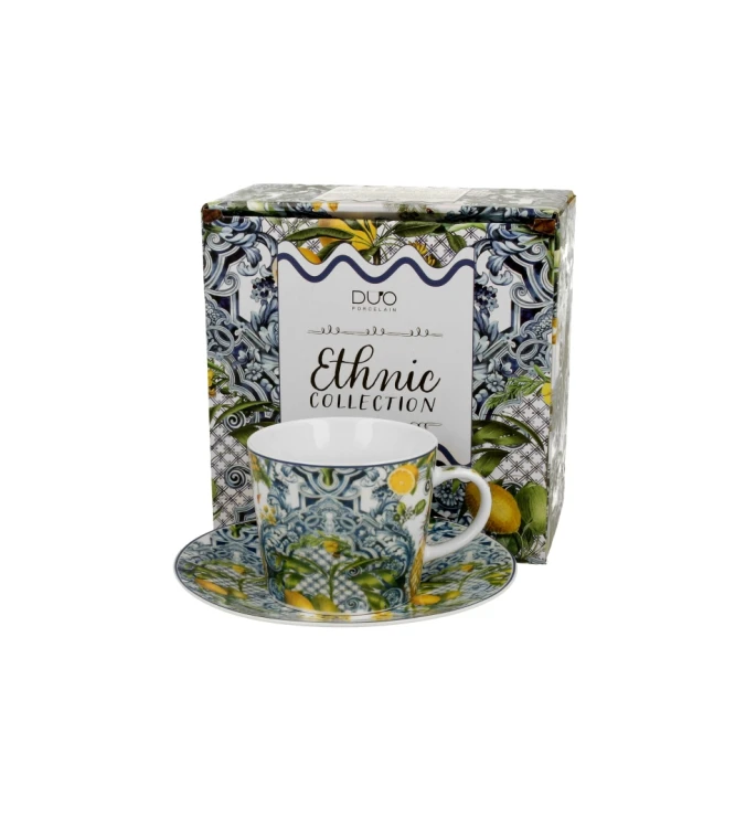 Filiżanka ze Spodkiem Porcelanowa 240 ml – Motyw Śródziemnomorski Cytryny SOLEDAD