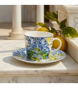 Filiżanka ze Spodkiem Porcelanowa 240 ml – Motyw Śródziemnomorski Cytryny SOLEDAD