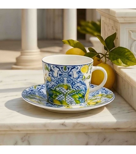 Filiżanka ze Spodkiem Porcelanowa 240 ml – Motyw Śródziemnomorski Cytryny SOLEDAD