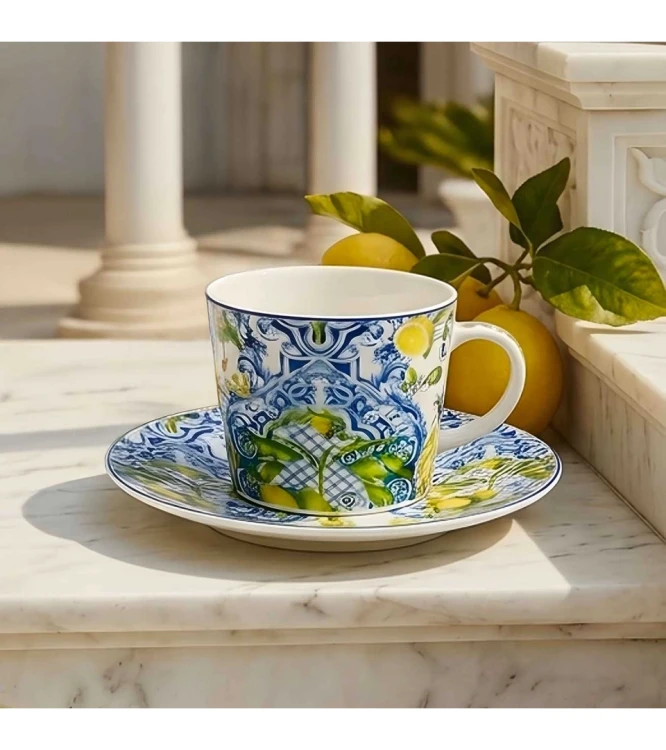 Filiżanka ze Spodkiem Porcelanowa 240 ml – Motyw Śródziemnomorski Cytryny SOLEDAD