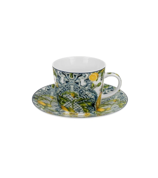 Filiżanka ze Spodkiem Porcelanowa 240 ml – Motyw Śródziemnomorski Cytryny SOLEDAD
