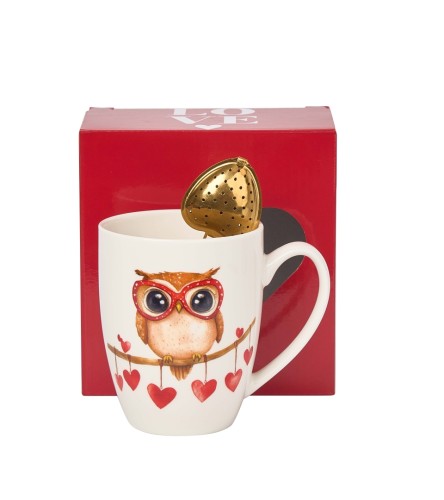 Kubek Porcelanowy z Zaparzaczem 360 ml – SOWA SERCA PREZENT NA WALENTYNKI