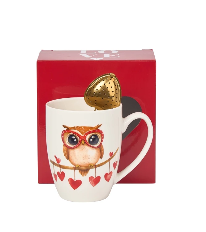 Kubek Porcelanowy z Zaparzaczem 360 ml – SOWA SERCA PREZENT NA WALENTYNKI