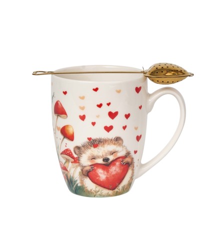 Uroczy Kubek Porcelanowy z Zaparzaczem 360 ml – JEŻ JEŻYK JESIEŃ WALENTYNKI