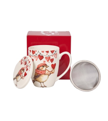 Kubek Porcelanowy z Zaparzaczem 360ml– ZIMOWY WRÓBEL