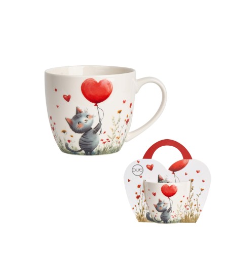 Kubek Porcelanowy 460 ml – KOT Z BALONEM PREZENT WALENTYNKI