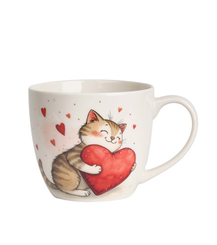 Kubek Porcelanowy 460 ml – KOT Z SERCEM PREZENT WALENTYNKI