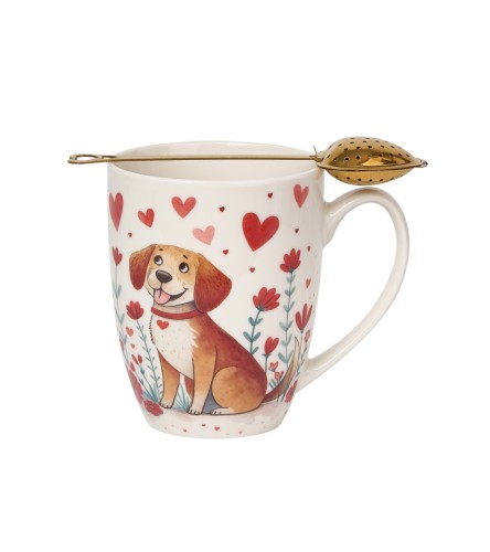 Uroczy Kubek Porcelanowy z Zaparzaczem 360 ml – PIES Z SERCAMI PREZENT WALENTYNKI