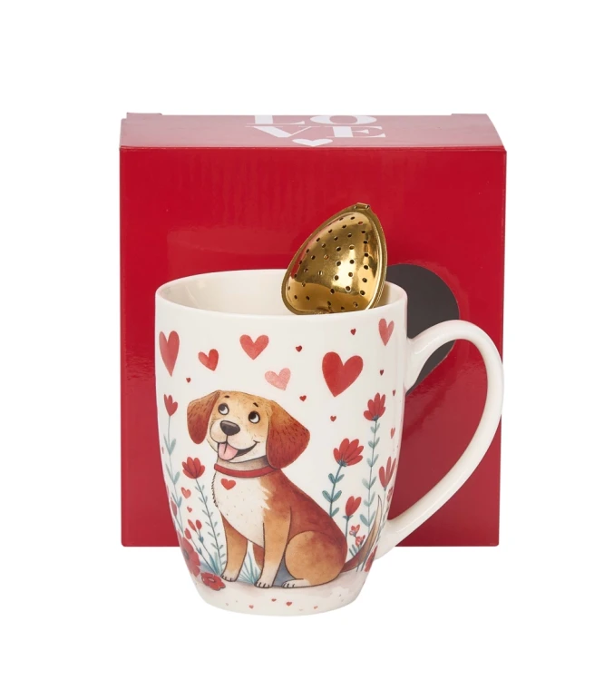 Uroczy Kubek Porcelanowy z Zaparzaczem 360 ml – PIES Z SERCAMI PREZENT WALENTYNKI