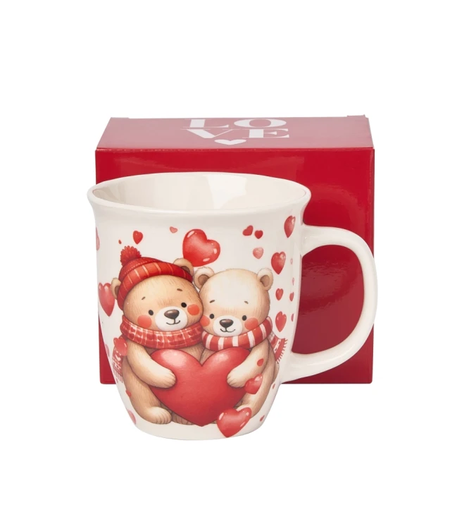 Kubek Porcelanowy XXL 650 ml – ZAKOCHANE MISIE Z SERCAMI PREZENT WALENTYNKI