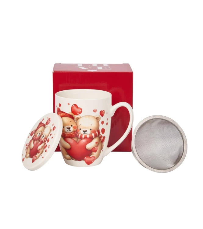 Kubek Porcelanowy z Zaparzaczem 360 ml – MISIE Z SERCAMI PREZENT WALENTYNKI
