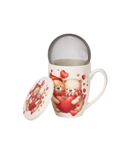 Kubek Porcelanowy z Zaparzaczem 360 ml – MISIE Z SERCAMI PREZENT WALENTYNKI