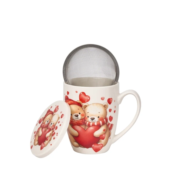 Kubek Porcelanowy z Zaparzaczem 360 ml – MISIE Z SERCAMI PREZENT WALENTYNKI
