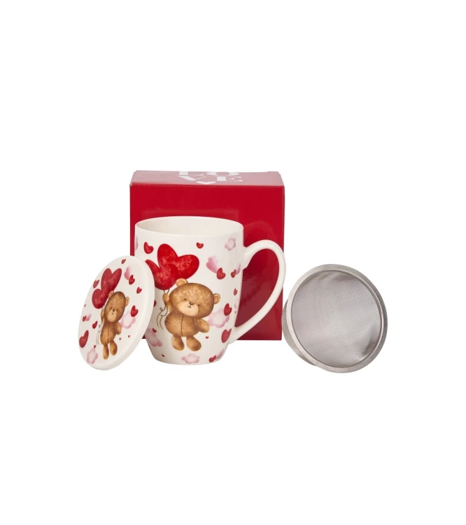 Kubek Porcelanowy z Zaparzaczem 360 ml – MIŚ Z BALONAMI PREZENT WALENTYNKI