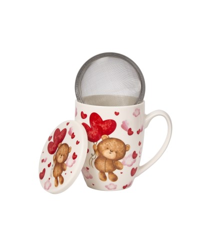 Kubek Porcelanowy z Zaparzaczem 360 ml – MIŚ Z BALONAMI PREZENT WALENTYNKI