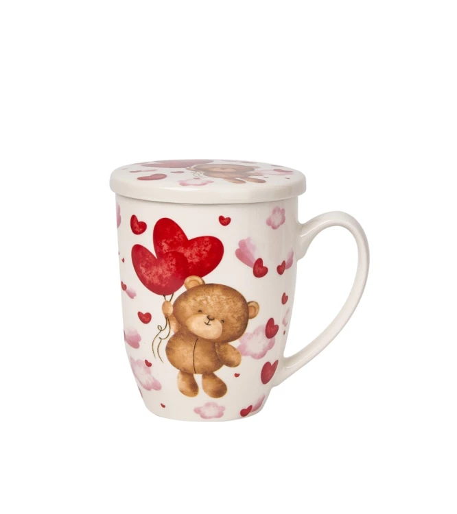 Kubek Porcelanowy z Zaparzaczem 360 ml – MIŚ Z BALONAMI PREZENT WALENTYNKI