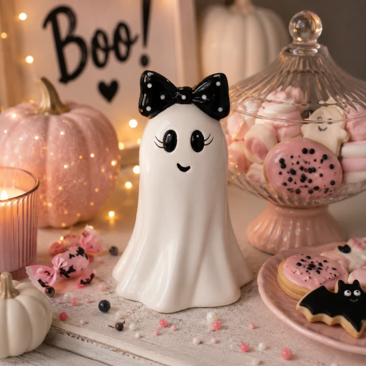Figurka Ceramiczna Halloween Duszek z Czarną Kokardą 11x10,8x16,6 cm