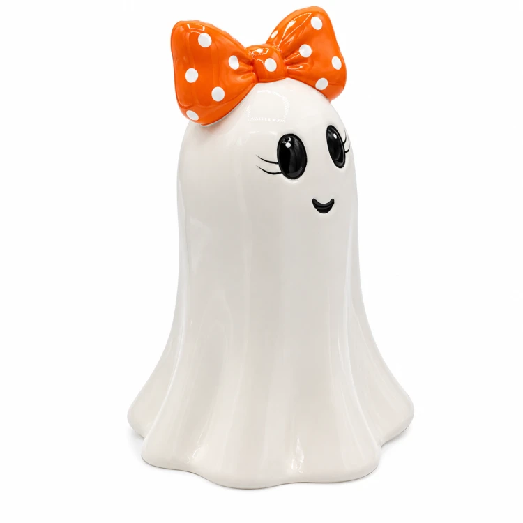 Figurka Ceramiczna Halloween Duszek z Pomarańczową Kokardą 11x10,8x16,6 cm