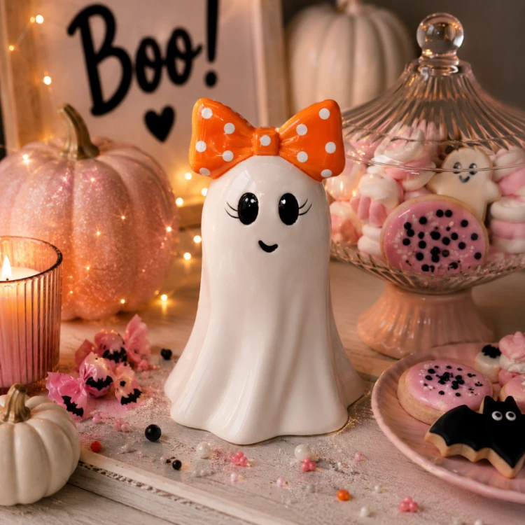 Figurka Ceramiczna Halloween Duszek z Pomarańczową Kokardą 11x10,8x16,6 cm