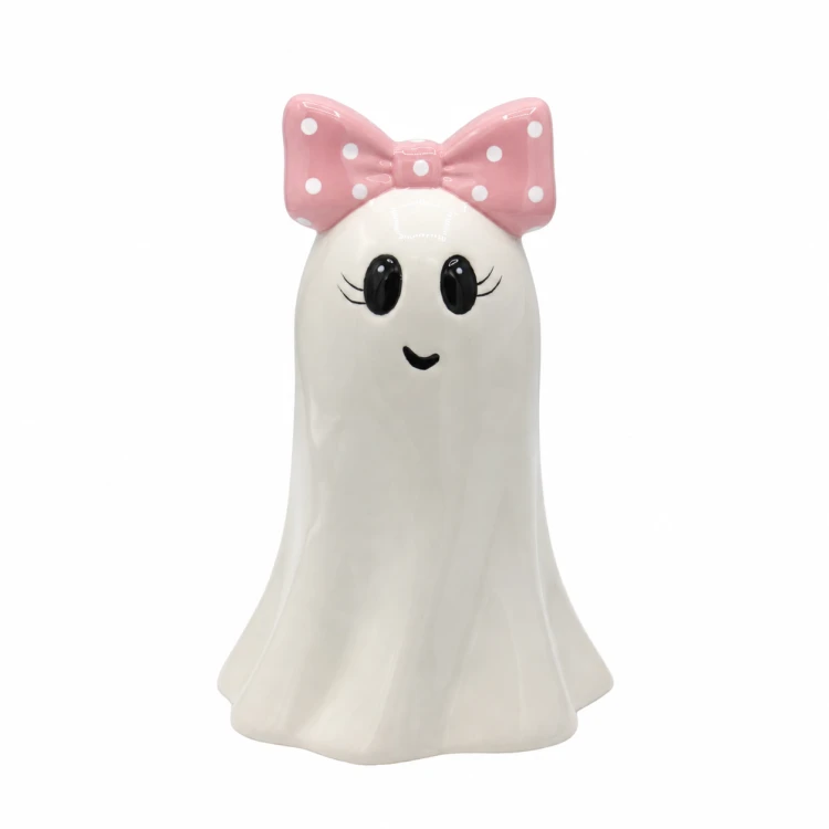Figurka Ceramiczna Halloween Duszek z Różową Kokardą 11x10,8x16,6 cm