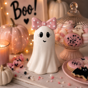 Figurka Ceramiczna Halloween Duszek z Różową Kokardą 11x10,8x16,6 cm
