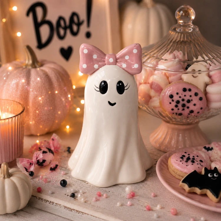 Figurka Ceramiczna Halloween Duszek z Różową Kokardą 11x10,8x16,6 cm