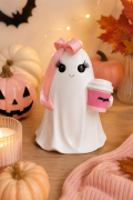 Figurka Halloween Duszek z Kawą i Różową Kokardą 18x12,8x23,5 cm