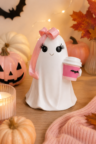 Figurka Halloween Duszek z Kawą i Różową Kokardą 18x12,8x23,5 cm