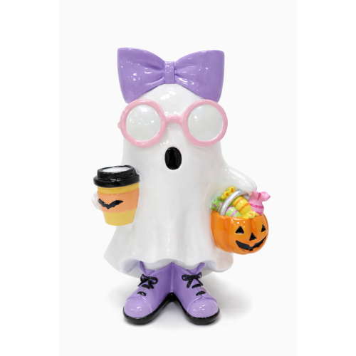 Figurka Halloween Duszek w Fioletowej Kokardzie i Okularach 17x14x26 cm