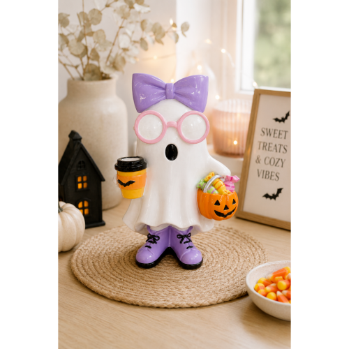Figurka Halloween Duszek w Fioletowej Kokardzie i Okularach 17x14x26 cm