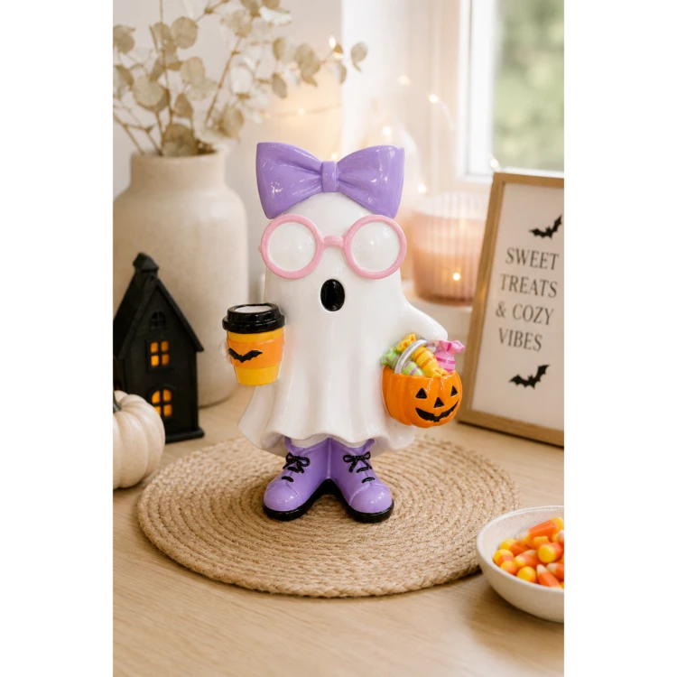 Figurka Halloween Duszek w Fioletowej Kokardzie i Okularach 17x14x26 cm