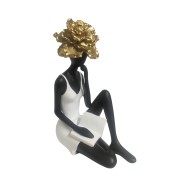 Figurka Dekoracyjna Siedząca Kobieta z Książką Biało-Czarno-Złota 10,5x16,5x24,5 cm