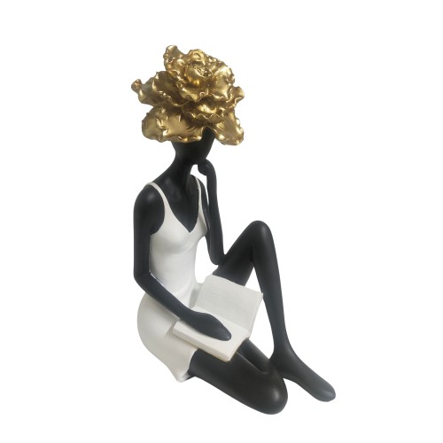 Figurka Dekoracyjna Siedząca Kobieta z Książką Biało-Czarno-Złota 10,5x16,5x24,5 cm