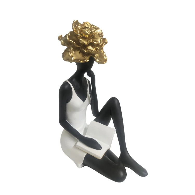 Figurka Dekoracyjna Siedząca Kobieta z Książką Biało-Czarno-Złota 10,5x16,5x24,5 cm