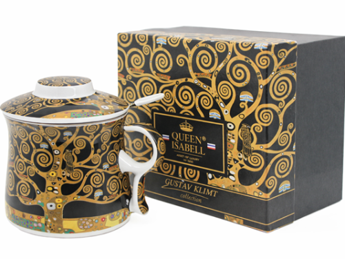 Kubek Porcelanowy z Zaparzaczem i Pokrywką 350 ml – Klimt Drzewo Życia